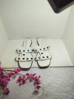 CCOCCI White Studded Double-Strap Slide Sandals for Women